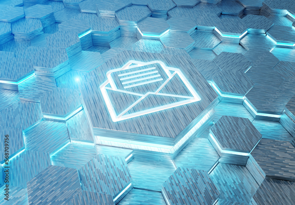 Aufkleber Email icon concept engraved on hexagonal pedestral background. Mail Logo glowing on abstract digital surface. 3d rendering