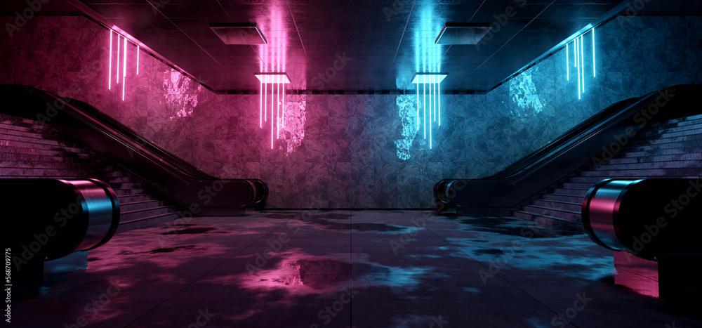 Poster realistic underground subway station background with wet floors. futuristic metro interior with blue