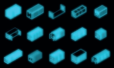 Cargo container icons set. Isometric set of cargo container vector icons neon on black isolated