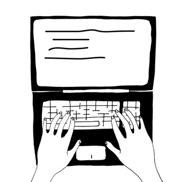 Hands Of A Person Typing On A Keyboard. Working On A Laptop. Doodle Style.