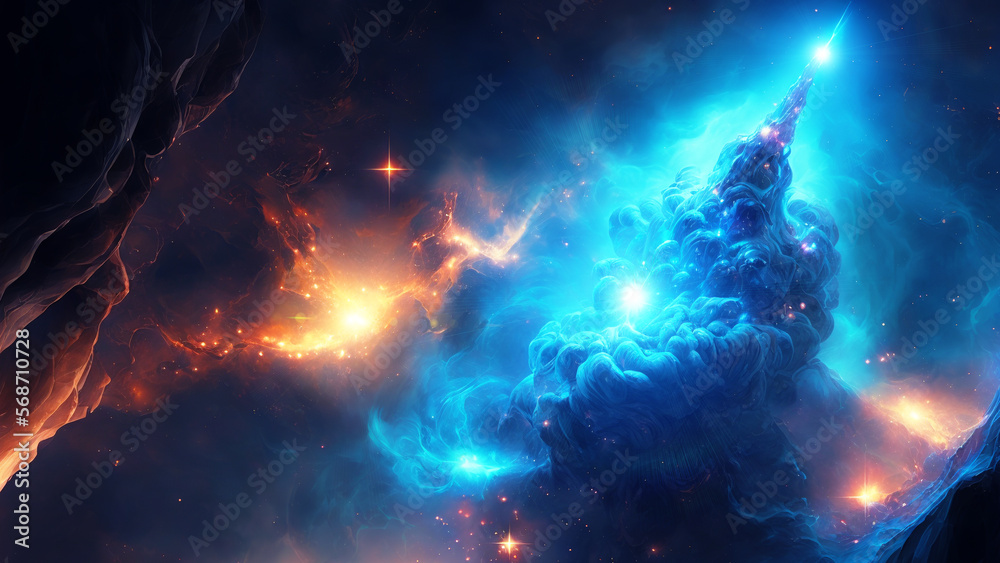 Poster Large panoramic view of a colorful dark blue nebula in space. Cosmic background with bright shining stars, galaxies and deep universe. Generative ai