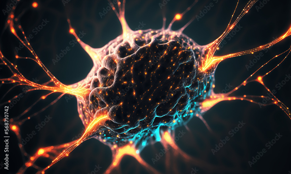 Leinwandbilder Glowing brain background with neural links network. Illustration representing artificial intelligence neuronal activity. Generative AI