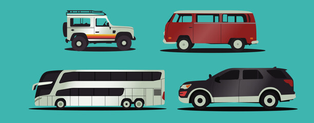 Car Icon Set Volkswagen Combi, Jeep, Bus, Car
