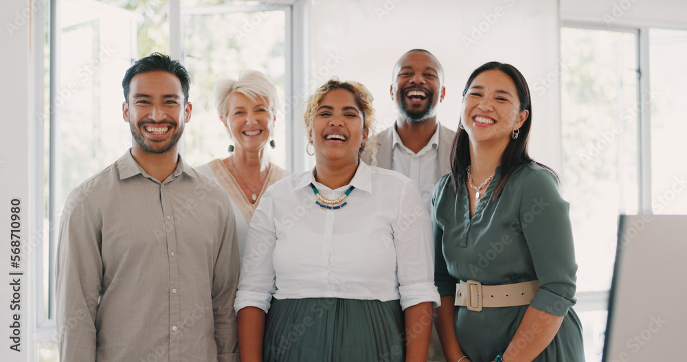 Aufkleber collaboration, motivation and mindset with a business team posing for a photograph together in the o