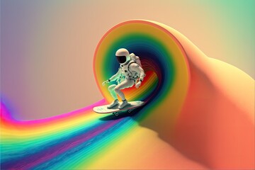 3d illustration of a an astronaut surfing a rainbow