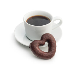Sweet chocolate hearts and coffee cup isolated on white background.