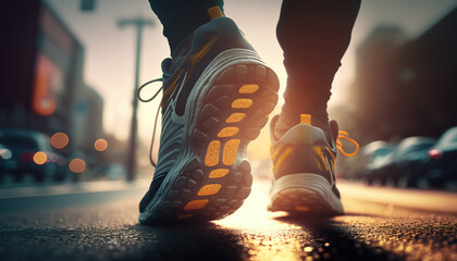 Runner feet on road, closeup on shoe, runner athlete, sports energy, workout