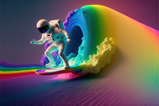 3d Illustration Of A An Astronaut Surfing A Rainbow