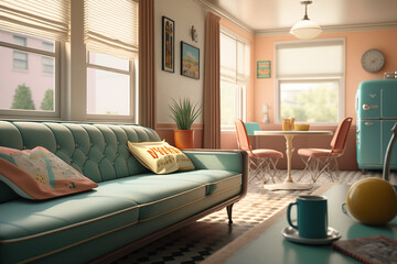 Living room with sofa 50s style generated with AI