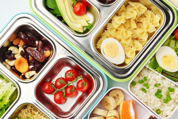 Many containers with delicious healthy food for background