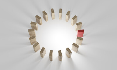Domino effect. Dominoes placed in a circle.  Illustration in 3D.
