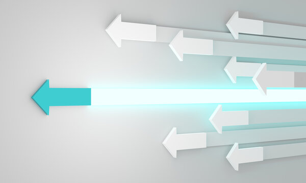 Leadership concept, blue leader arrow leading whites. 3D Rendering