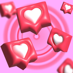Social network concept. Red like social media speech bubbles. Heart icon isolated on white background. 3D illustration. Flying red 3d hearts icon in 