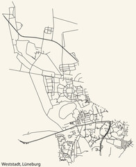 Fototapeta na wymiar Detailed navigation black lines urban street roads map of the WESTSTADT DISTRICT of the German town of LÜNEBURG, Germany on vintage beige background
