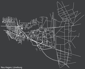 Detailed negative navigation white lines urban street roads map of the NEU HAGEN DISTRICT of the German town of LÜNEBURG, Germany on dark gray background