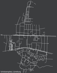 Detailed negative navigation white lines urban street roads map of the SCHÜTZENPLATZ DISTRICT of the German town of LÜNEBURG, Germany on dark gray background