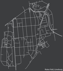 Detailed negative navigation white lines urban street roads map of the ROTES FELD DISTRICT of the German town of LÜNEBURG, Germany on dark gray background