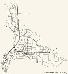 Detailed navigation black lines urban street roads map of the LÜNE-MOORFELD DISTRICT of the German town of LÜNEBURG, Germany on vintage beige background