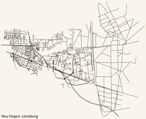 Detailed navigation black lines urban street roads map of the NEU HAGEN DISTRICT of the German town of LÜNEBURG, Germany on vintage beige background
