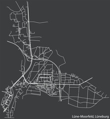 Detailed negative navigation white lines urban street roads map of the LÜNE-MOORFELD DISTRICT of the German town of LÜNEBURG, Germany on dark gray background