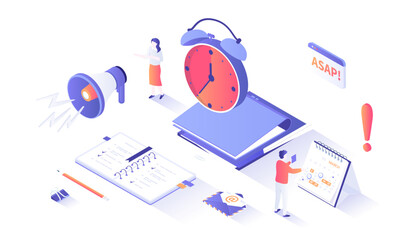 Deadline Asap. Time limit and control. Effective business, time planning and management. Red alarm clock, screaming megaphone. Isometry illustration with people scene for web