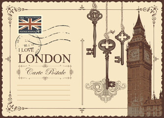 Retro postcard with Big Ben in London, United Kingdom. Vector postcard in vintage style with old keys, words I love London and a place for text on beige background with postage stamp and postmark - obrazy, fototapety, plakaty