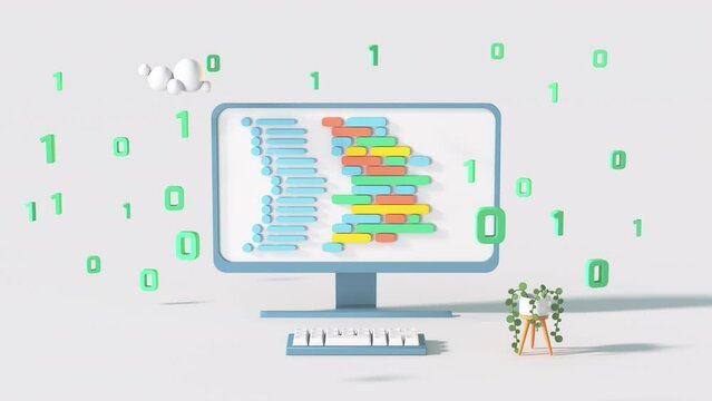 Desktop and binary code. Computer engineering concept. Minimal cartoon style 3D render animation