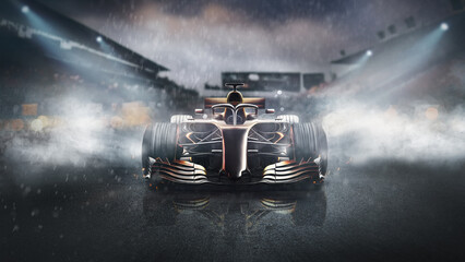 Fototapeta na wymiar Modern Formula Bolid car ready to race on black background in smoke. Racing Sport.