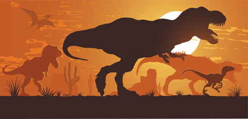  tyrannosaurs racing for prey against the backdrop of the setting sun © Rezz