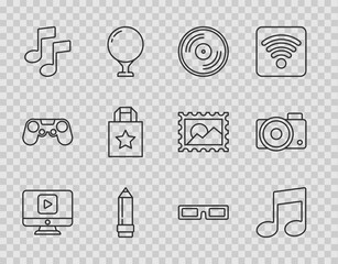 Set line Online play video, Music note, tone, Vinyl disk, Pencil with eraser, Paper shopping bag, Cinema glasses and Photo camera icon. Vector