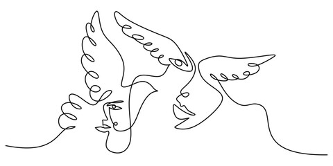 One line of abstract faces wing isolated on white background. Hand drawing continuous line minimalism.