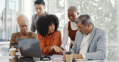 Team, business people and conversation with laptop, brainstorming for advertising campaign and...