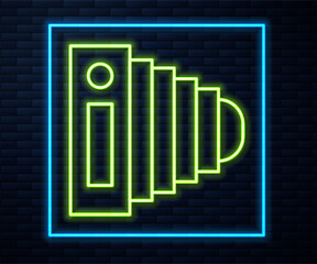Glowing neon line Photo camera icon isolated on brick wall background. Foto camera. Digital photography. Vector