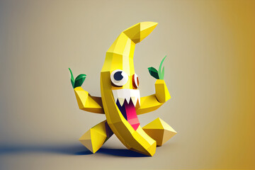 Generative AI Yellow banana with arms, legs and happy face on a grey and yellow background