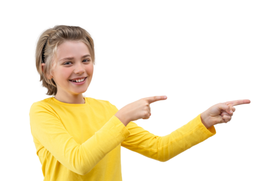 Astonished Emotional School boy happily Joy Showing To Right Isolated PNG Over White Background. Copy Space For Advertisement. Excited Blond Kid With Long Hair And Yellow T-Shirt - Powered by Adobe