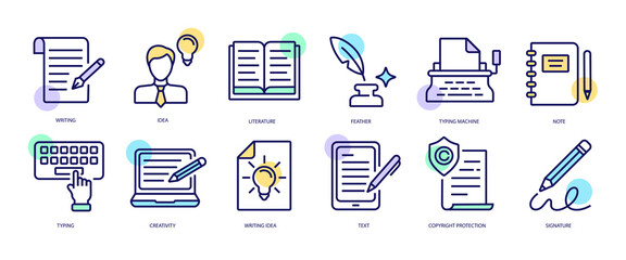 Set of linear icons with Copyrighting concept in purple, yellow on blue colors. Images of different ways of writing text by hand and on laptop.