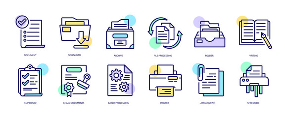 Set of linear icons with Document concept in purple, yellow on blue colors. Images of various documents, their storage in folders and their destruction.