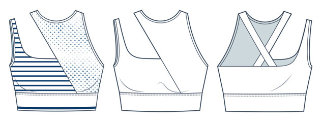 Sport Bra technical fashion illustration, fashion design. Crop Top fashion flat technical drawing template, front and back view, white, blue stripe,  women CAD mockup set.