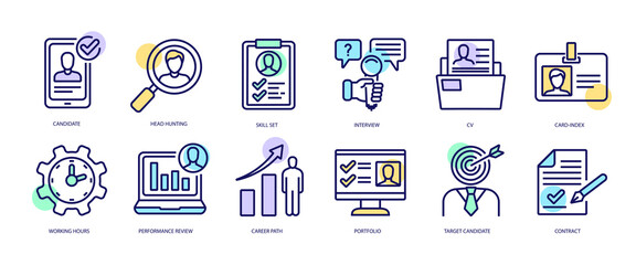 Set of linear icons with Head hunting concept in purple, yellow on blue colors. Icons represent the search for new people, the selection of candidates, professional development.