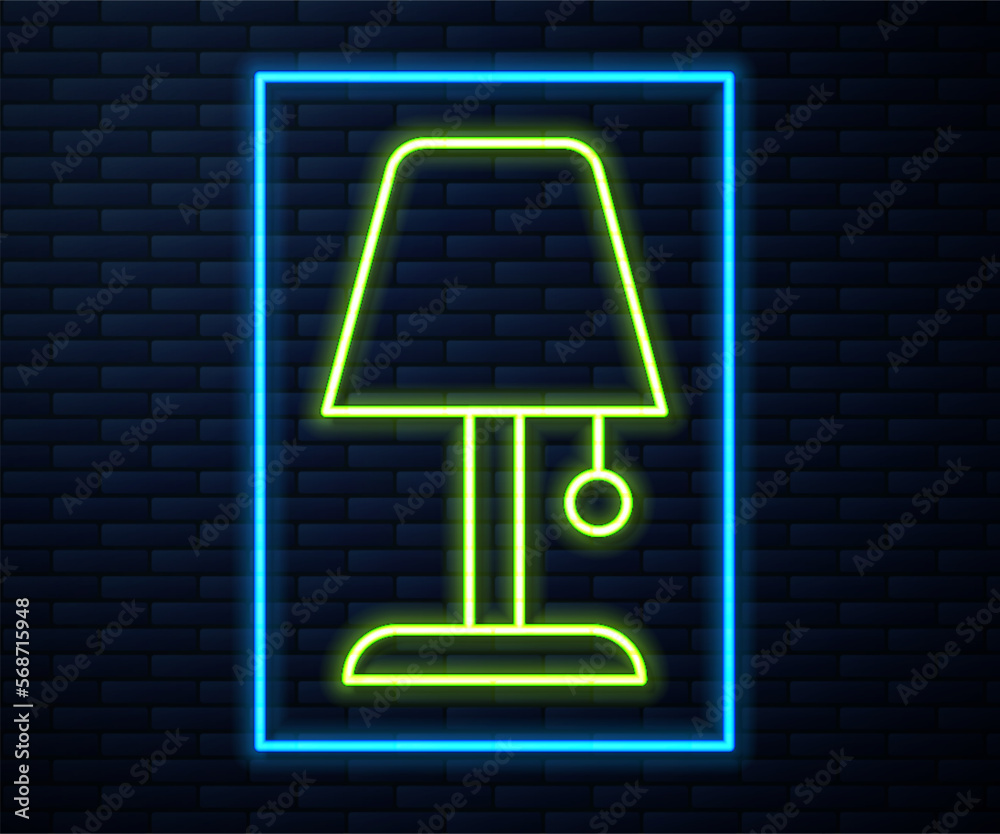 Sticker glowing neon line table lamp icon isolated on brick wall background. night light. vector