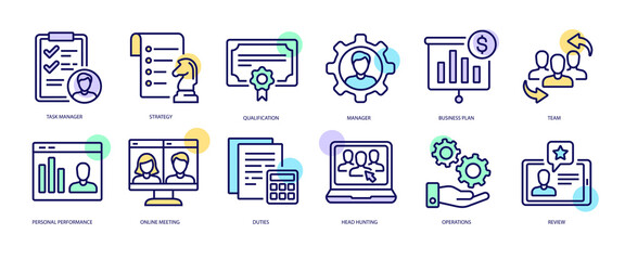 Set of linear icons with Manager concept in purple, yellow on blue colors. Attributes of a good manager and everything he needs are depicted.
