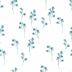 Seamless pattern with blue spreading bellflower flowers (Campanula patula, little bell, bluebell, rapunzel, harebell). Watercolor hand painting illustration on isolate white background.