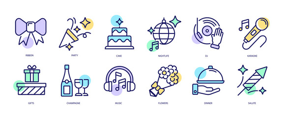 Set of linear icons with Party concept in purple, yellow on blue colors. Icons depict the components that should be at every party.