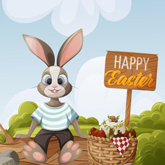 Easter background. A bunny sits on a log on a green lawn, a basket with red eggs and a traditional cake. Vector illustration in cartoon style. Natural landscape. For banner, postcard, kids book