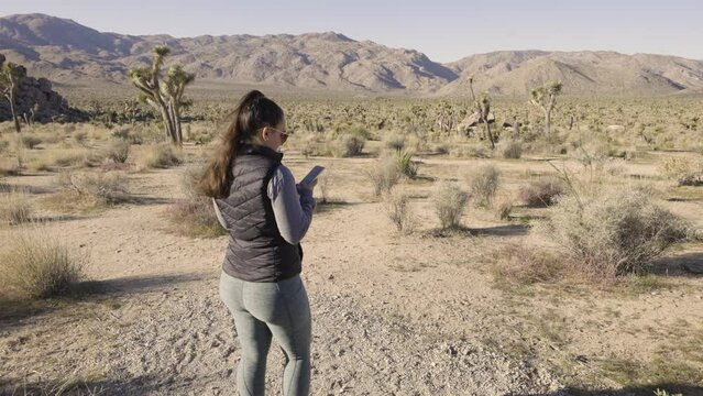 Girl Photographing Joshua Tree National Park desert California with a Sony A1 camera - on her phone wide of landscape