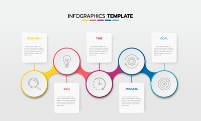 Business infographic template process with simple geometry square, rectangle, circle, triangle, curves in flat design template with thin line icons and 5 options or steps. Vector illustration.