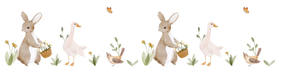 Seamless border with watercolour cute animals and floral. Watercolour rabbit, goose and bird.  - 568716515