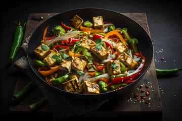 Tasty tofu stir fry with veggies, crispy tofu & fresh cilantro. Perfect vegan meal for healthy eating. Ideal for food blogs & cookbooks. Entice your audience to try this flavorful dish