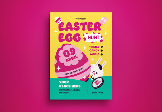 Yellow Flat Design Happy Easter Hunt Flyer Layout