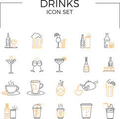 Drinks icon set of Alcohol and Drinks Related Vector Line Icons. Contains such Icons as Champagne, Whiskey, Cocktail, Shots, Coffee, Tea and more. Two-colored.